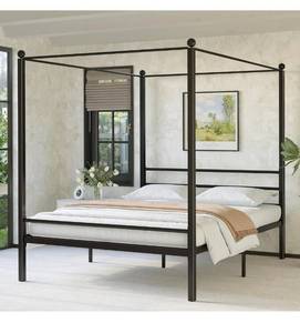 lot 20518 image: King Size Canopy Bed Frame, Four Poster Metal Canopy King Size Bed Frame, Heavy Duty Mattress Foundation with Underbed Storage, No Box Spring Needed, Easy Assembly, Black - Retail $189