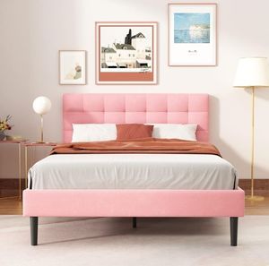 lot 20522 image: UNIZONE Queen Velvet Upholstered Bed Frame with Tufted Headboard, Wood Slats Support, Mattress Foundation, No Box Spring Needed, Easy Assembly, No Squeak, Pink - Retail $164