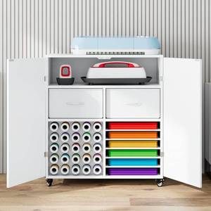 lot 20524 image: Rolling Craft Storage Cart for Cutting Machines �� Compatible with Cricut Machine, Large Drawer, Vinyl Roll Holder (30 Rolls), Pull-Out Cardstock Shelf, Lockable Casters - Retail $112