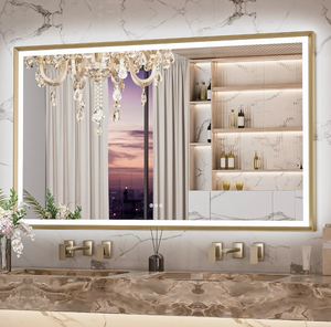 lot 20537 image: Keonjinn 60 x 36 LED Mirror for Bathroom, Brushed Gold Framed Mirror with Frontlit & Backlit, Large Lighted Mirror with Anti Fog for Wall, Stepless 3 Colors Temperature, UL-Listed LED Driver - Retail $409