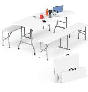 lot 20539 image: HLPB Folding Table Picnic Table Set, 6 ft Camping Table with 2 Benches, Outdoor Indoor Portable Folding Furniture for Working Meeting Party, Camping, Picnic, Weddings wHandle and Safety Locks, White - Retail $189