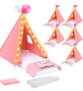 lot 20540 image: Windyun 6 Pack Kids Teepee Tent for Slumber Party Sleepover Tents for Girls Party with Air Mattress, Star Lights, Blankets Trays Sheets, Natural Cotton Toddler Play Teepee for Indoor Outdoor(Pink) - Retail $289