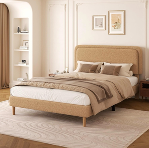 lot 20542 image: Full Size Boucle Upholstered Platform Bed Frame with Adjustable Headboard, Soft Cloud Bed, No Box Spring Needed, Easy Assembly, Noise Free, Brown - Retail $199