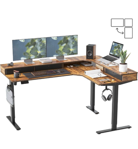 lot 20549 image: FEZIBO L Shaped Electric Standing Desk, 63x48 inch Large with Drawers  Reversible Tabletop, 2 Memory Height Settings  Home Office & Gaming Height-Adjustable Table, Rustic Brown - Retail $369