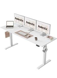 lot 20554 image: Agilestic Electric Standing Desk, 63 x 24 Inches Height Adjustable Desk, Sit Stand up for Work Office Home, Ergonomic Rising Computer Table with Memory Preset, White - Retail $399