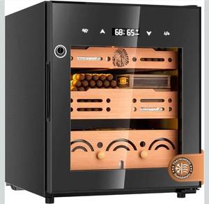 lot 20556 image: Electric Cigar Humidor Cabinet with Temperature & Humidity Control System, 50L Cooling Cigar Fridge up to 300 Counts, Cedar Wood Shelves,Digital LED Screen,Fingerprint Safety Lock,Gift for Men - Retail $299