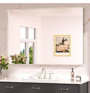 lot 20571 image: Keonjinn 48 x 36 Brushed Nickel Bathroom Vanity Mirror, Large Rounded Rectangle Bathroom Mirrors for over Sink, Metal Framed Silver Mirror for Wall, Shatterproof HD Tempered Glass(HorizontalVertical) - Retail $269