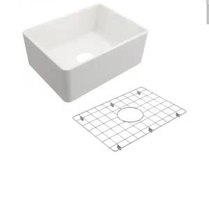 lot 20572 image: 24 in. FarmhouseApron-Front Single Bowl White Fireclay Kitchen Sink with Bottom Grid - Retail $345