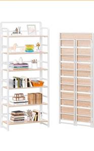lot 20576 image: 4NM No Assembly 6 Tiers Folding Bookshelf Storage Shelves Vintage Bookcase Standing Racks Study Organizer Home Office (Natural White) - Retail $179
