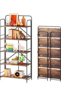lot 20577 image: (222)4NM No Assembly Folding Bookshelf, 5 Tiers Collapsible Book Shelves Open Industrial Foldable Storage Bookcase Shelf for Bedroom, Living Room, Home Office - Rustic Brown and Black - Retail $149