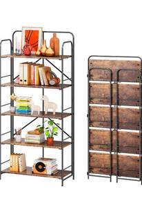 lot 20578 image: 4NM No Assembly Folding Bookshelf, 5 Tiers Collapsible Book Shelves Open Industrial Foldable Storage Bookcase Shelf for Bedroom, Living Room, Home Office - Rustic Brown and Black - Retail $149
