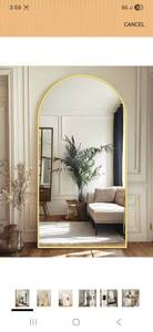 lot 20579 image: Antok Arched Full Length Mirror, 71x32 Gold Metal Frame Floor Mirror for Bedroom Living Room, FreestandingWall MountLeaning - Retail $149