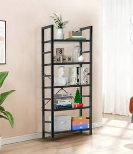 lot 20584 image: 5-Shelf Wood and Metal Storage Shelf with Adjustable Feet, Waterproof & Scratch-Resistant, Black - Retail $0