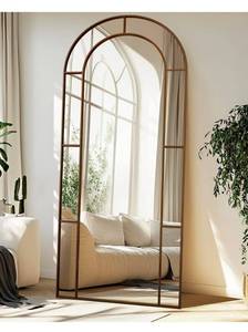 lot 20586 image: Antok 76 x 34 Full Length Mirror, Floor Mirror Arched Window Decorative Mirror, Metal Framed Decor Farmhouse Floor Mirrors Art Pane Mirrors Wall Decor for Bedroom, Living Room, Entryway Bronze - Retail $284