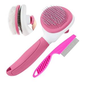 lot 36121 image: Cat Brushes for Indoor Cats, Dog Brush for Shedding with Metal Cat Comb, Self Cleaning Pet Hair Brush with Release Button for Grooming Kitten(Pink) - Retail $8