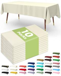 lot 36153 image: Plastic Table Cloth Disposable 10 Pack, 54 x 108 Inch Table Cloths, Party, Wedding, Thanksgiving Decorations, Fall Tablecloths, Rectangle, Beige Plastic Cover, Leakproof & Sturdy, Cream, Ivory - Retail $22