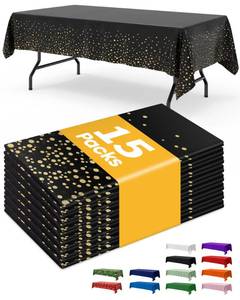 lot 36154 image: Black and Gold Plastic Table Cloth Rectangle Table 15 Pack, 54�108 Tablecloth for Graduation Decorations Class of 2025, Table Cloth for Disposable Use, Table Cover for Holiday Party - Retail $20