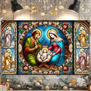 lot 36155 image: Christmas Banner Backdrop Nativity Scene Jesus Birth Wall Poster with Holy Family Mary Joseph Baby for Church Religious Party Indoor Outdoor 71�43 Inch - Retail $10