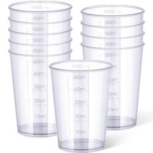 lot 36189 image: 50ml Measuring Cups, 1.7oz Disposable Graduated Cups for Resin Mixing, Model Painting, Adhesive & Lab Use, Chemical Resistant, Stackable, 10 Packs - Retail $7