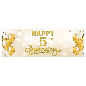 lot 36194 image: Large Happy 5th Anniversary Banner Five Themed Garden Backdrop Banner Company Wedding Anniversary Lawn Sign 5th Birthday Retirement Party Outdoor Indoor Decorations 72 x 24 inch - Retail $10