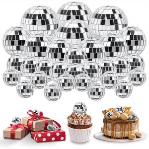 lot 62239 image: 30 PCS Disco Balls Cake Decoration, Small Silver Reflective Mirror Ball Disco Table Decor 70s Disco Themed Party Supplies for Festive, 4 Sizes - Retail $12