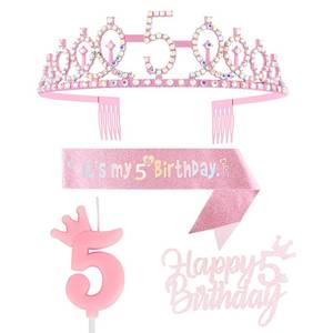 lot 62240 image: Pink 5th Birthday Decorations for Girl - Includes Crown, Sash, Number 5 Candles - Retail $10