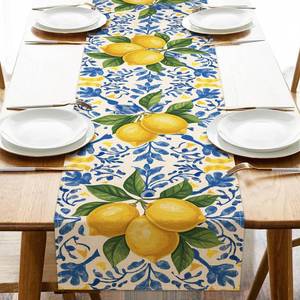 lot 62245 image: Italian Capri Blue Lemon Dining Table Runner, Amalfi Coast Citrus Italy Tile Pattern Burlap Kitchen Decoration, Summer Mediterranean Indoor Outdoor Home Decor Party Supply 13 x 72 Inches - Retail $15