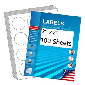 lot 62292 image: 2 Round Blank Printable Labels, Adhesive Circles for Inkjet Printing  12 Per Sheet, Matte White (Pack of 100) - Retail $16