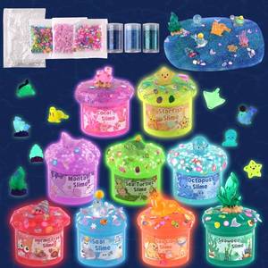lot 62299 image: Ocean Glow in The Dark Slime Kit 9 Pack, with Deep Sea Slime Charms, Sensory DIY Rainbow Slime for Kids, Glow Party Favors for Girls & Boys, Halloween - Retail $22