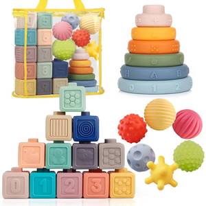 lot 62325 image: Montessori Toys Soft Stacking Building Blocks Rings Balls Sets 3 in 1 Baby Toys Bundle for Babies Sensory for Toddlers Teething Bath for Infants Learning Education Toy - Retail $27
