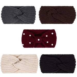 lot 62341 image: 5 Pieces Winter Knit Headbands Chunky Knit Headbands,4 Elastic Turban Head Wraps and 1 Pearl Crochet Hair Band, Ear Warmer Crochet Head Wraps for Women Girls (Autumn&Winter Colors) - Retail $9
