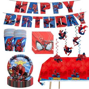 lot 62344 image: 68PCS Spidey Birthday Decorations 20 Plates, 20 Napkins, 20 Cups, 1 Happy Birthday Banner, 6 Hanging Swirls, 1 Tablecover - Retail $22