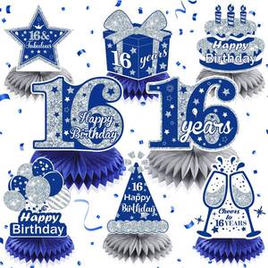 lot 62349 image: 8Pcs Blue Honeycomb Centerpieces for 16th Birthday Table Toppers - Happy 16th Boys & Girls - Silver & Navy Blue Theme - Retail $12