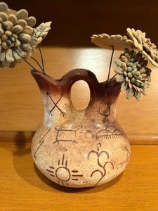lot 22 image: Native American Inspired Wedding Vase, Not Signed, and Some Wooden Flowers