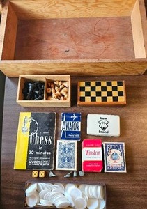 lot 57 image: Wood Box w Game Pieces, Chess, Cards