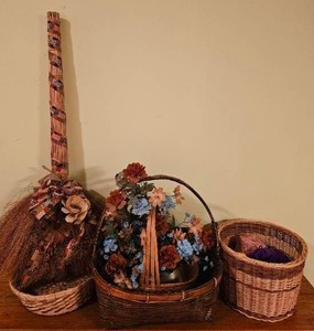 lot 59 image: Wicker Broom and Baskets, One has Yarn Inside