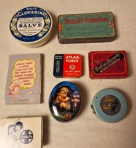 lot 160 image: Vintage Metal Tins, Measuring Tape and More