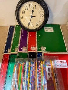 lot 31 image: Clock, Notebooks (new) and Bag of Pencils