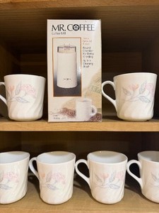 lot 41 image: Mr. Coffee Coffee Mill (new) and Corning Mugs