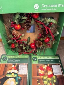 lot 53 image: Christmas Wreath (27), Lighted Penguin and Candy Cane