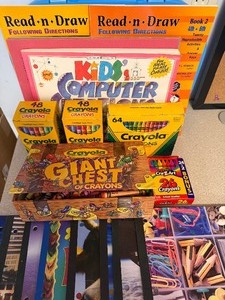 lot 32 image: Blue Crayola Box, Crayons, Kids Computer Creations, Notebooks and More