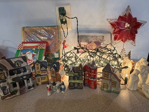 lot 56 image: Christmas Decor, Miniature Village w People, Cards, Lights, Nativity Scene and Tree Topper