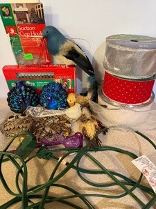 lot 59 image: Christmas Bird Ornaments, Ribbon, (new) LightsHooks and Extension Cords