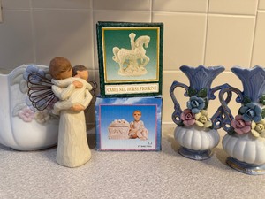 lot 82 image: Misc Home Decor, Vase, Willow Tree Figurine, Carousal Horse, Trinket Box and Small Vases