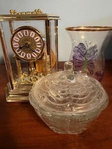 lot 148 image: Bulova Clock (new) Butterfly Vase and Covered Dish