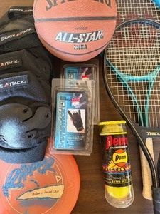 lot 425 image: Misc Sports Equipment - Tennis Balls, Racquets, Knee Pads, Bowling Gloves and MORE