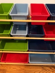 lot 195 image: Wood Organizer w Plastic Tubs