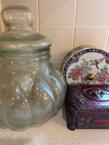 lot 456 image: Glass Jar w Lid, Jewelry Box, Metal Tin w Contents