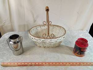 lot 3 image: Decorative Collection - Woven Basket with metal gold handle , Milk Can & Cookie Tin