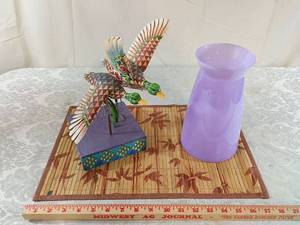 lot 7 image: Hand Painted Mallard Duck Sculpture with Purple Glass Vase 9in